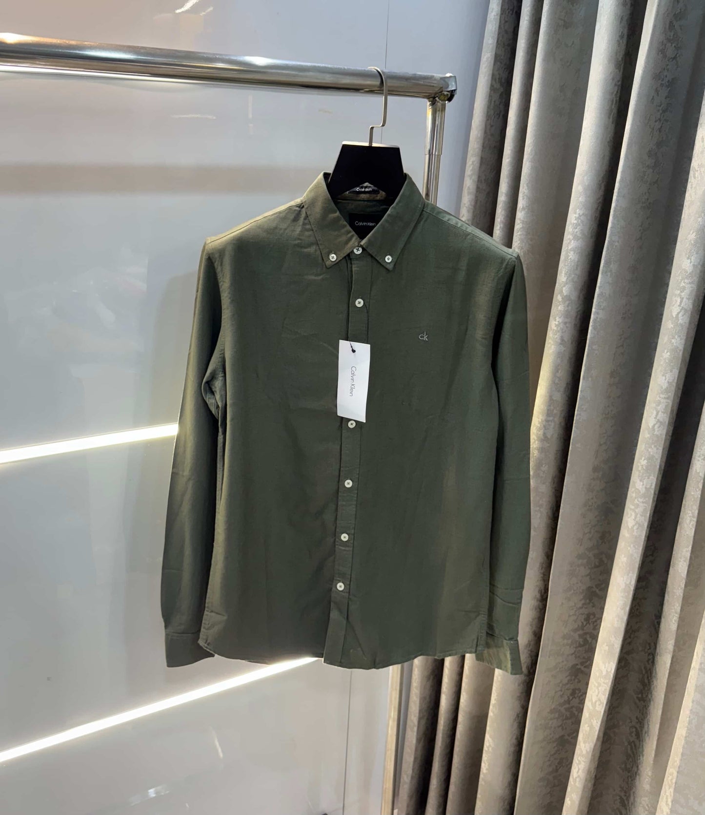 Calvin klein Olive Green Embroidery Logo Premium Linen Shirt