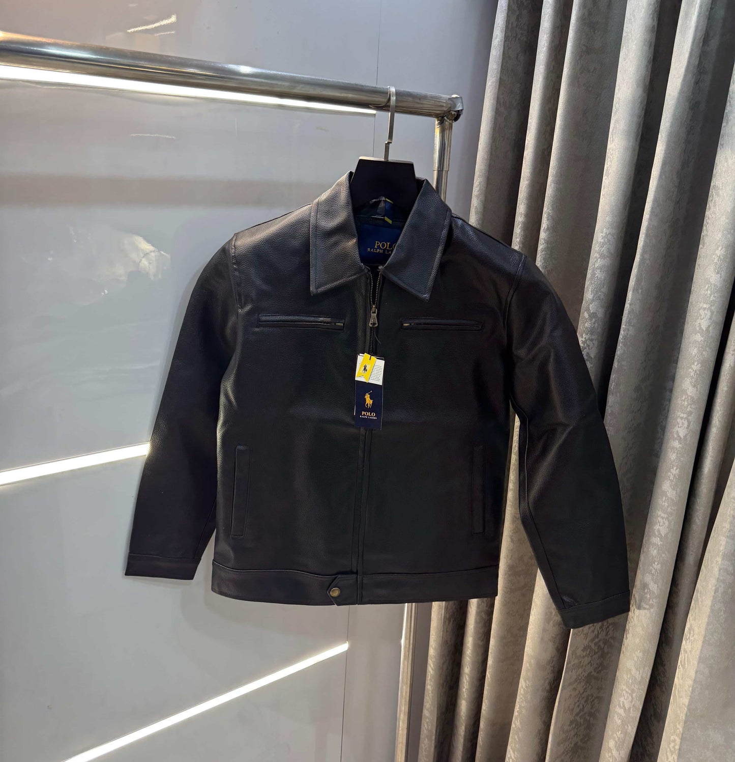 Ralp h Lauren black leather Embroidery Logo Premium Bomber Jacket