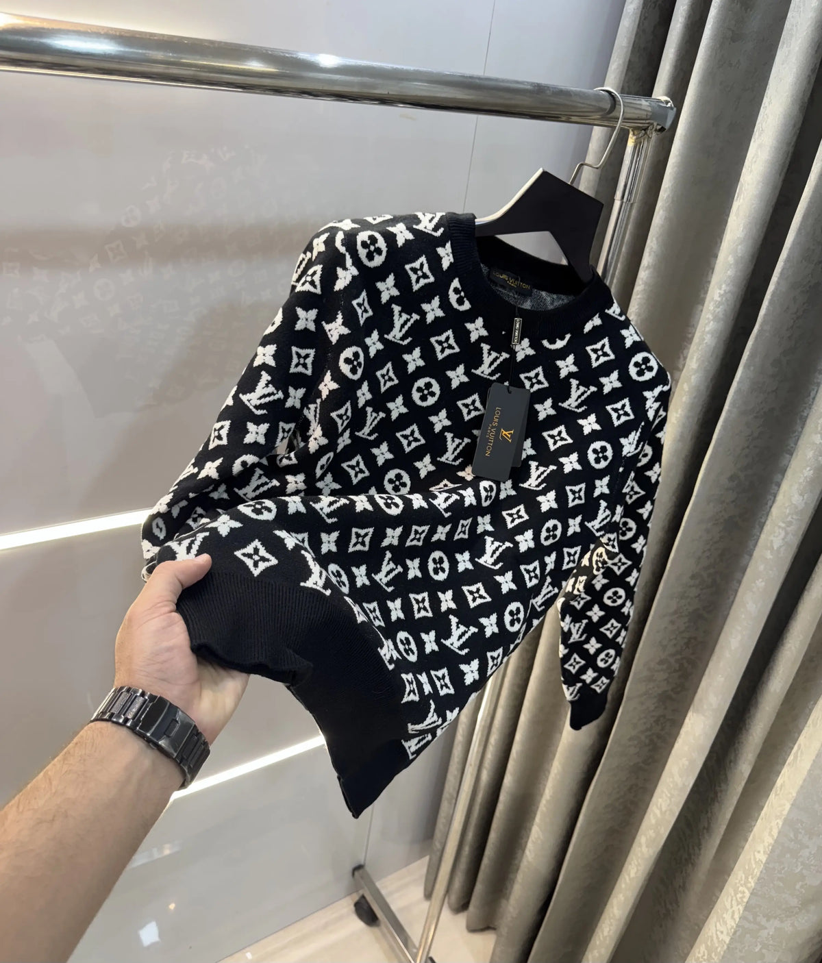 Louis Vuitton Black EmBo...sS..ed Imported Knitted Pull Over
