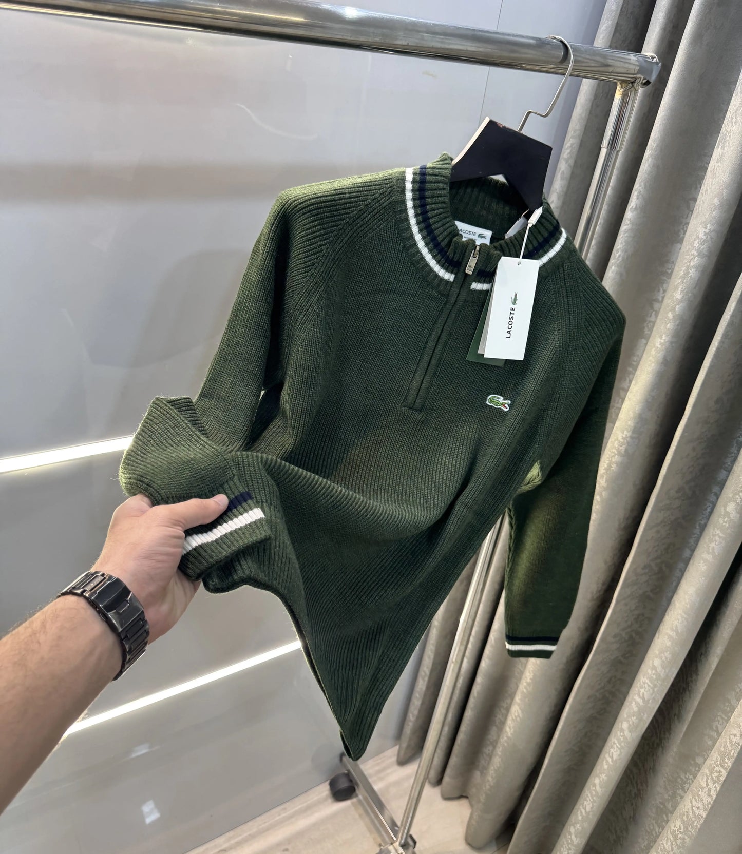 Lacost e Olive Green Zip Imported Pull Over