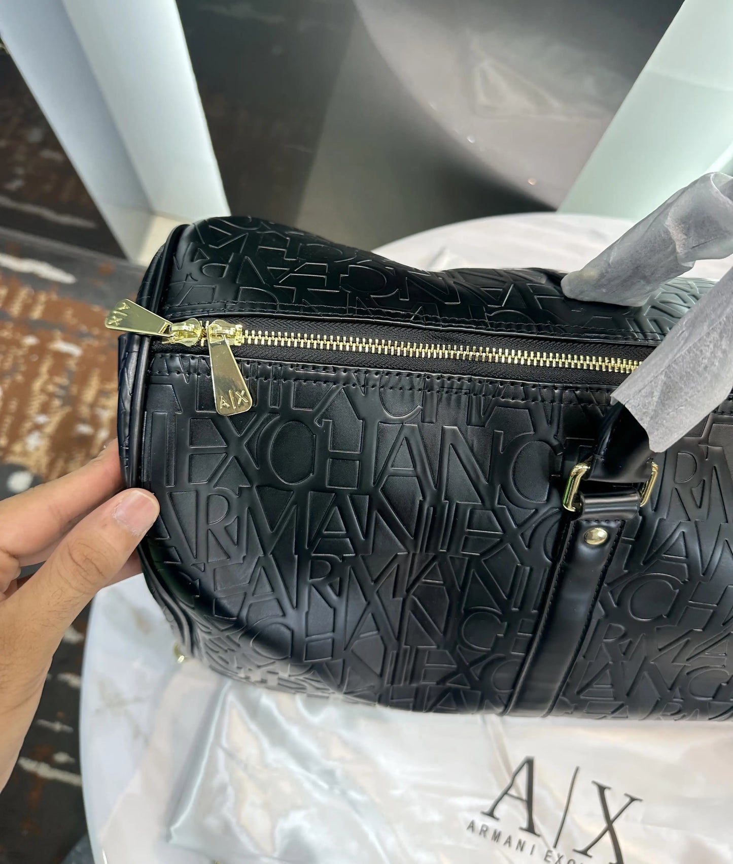 Armani Exchang e Black Monogram Luxury Imported Duffel Bag