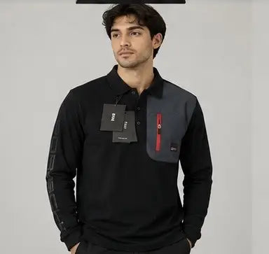 Hugo Boss Porsche Navy Blue Red Logo Work Premium Full Sleeve Polo T-Shirt