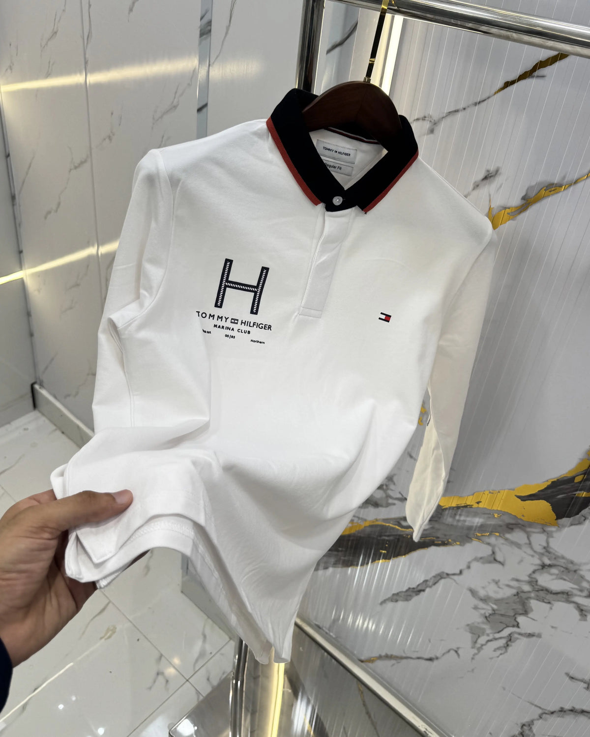 Tommy Hilfiger White Logo Work Premium Full Sleeve Polo T-Shirt