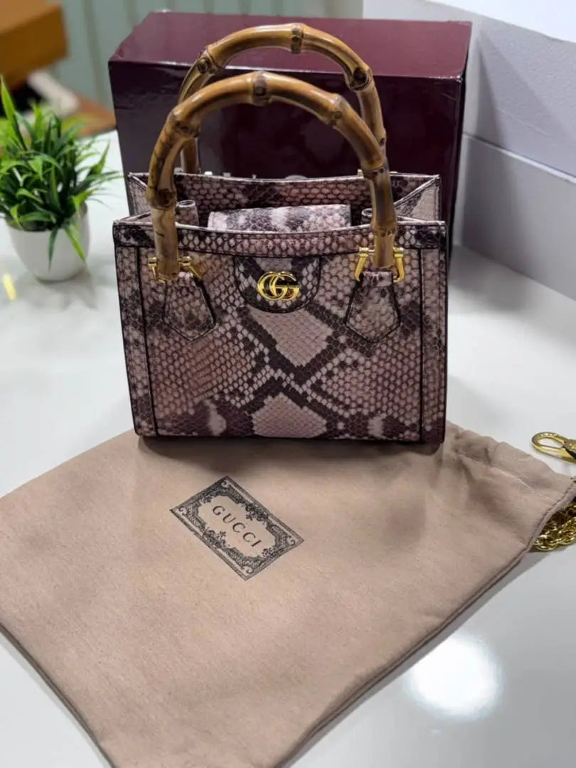 Guccci Diana python small tote bag With Original Box Extra Belt And Chain Charm High End Pink soft python leather