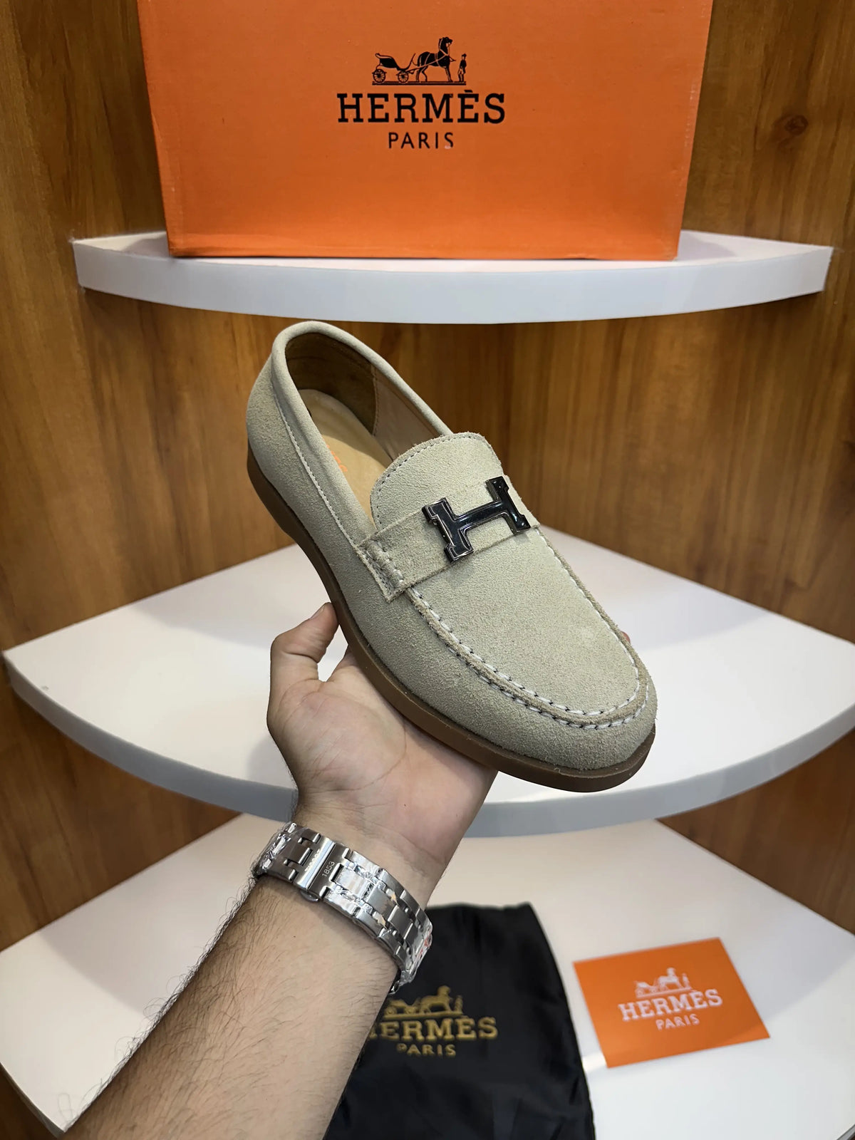 Hermes_Beige Premium Suede Leather Formal Loafers