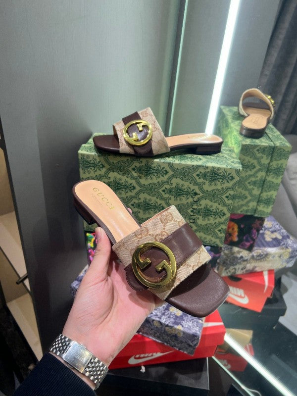 Gucci Brown Logo Luxury Sendels With Og Dust Bag And Box