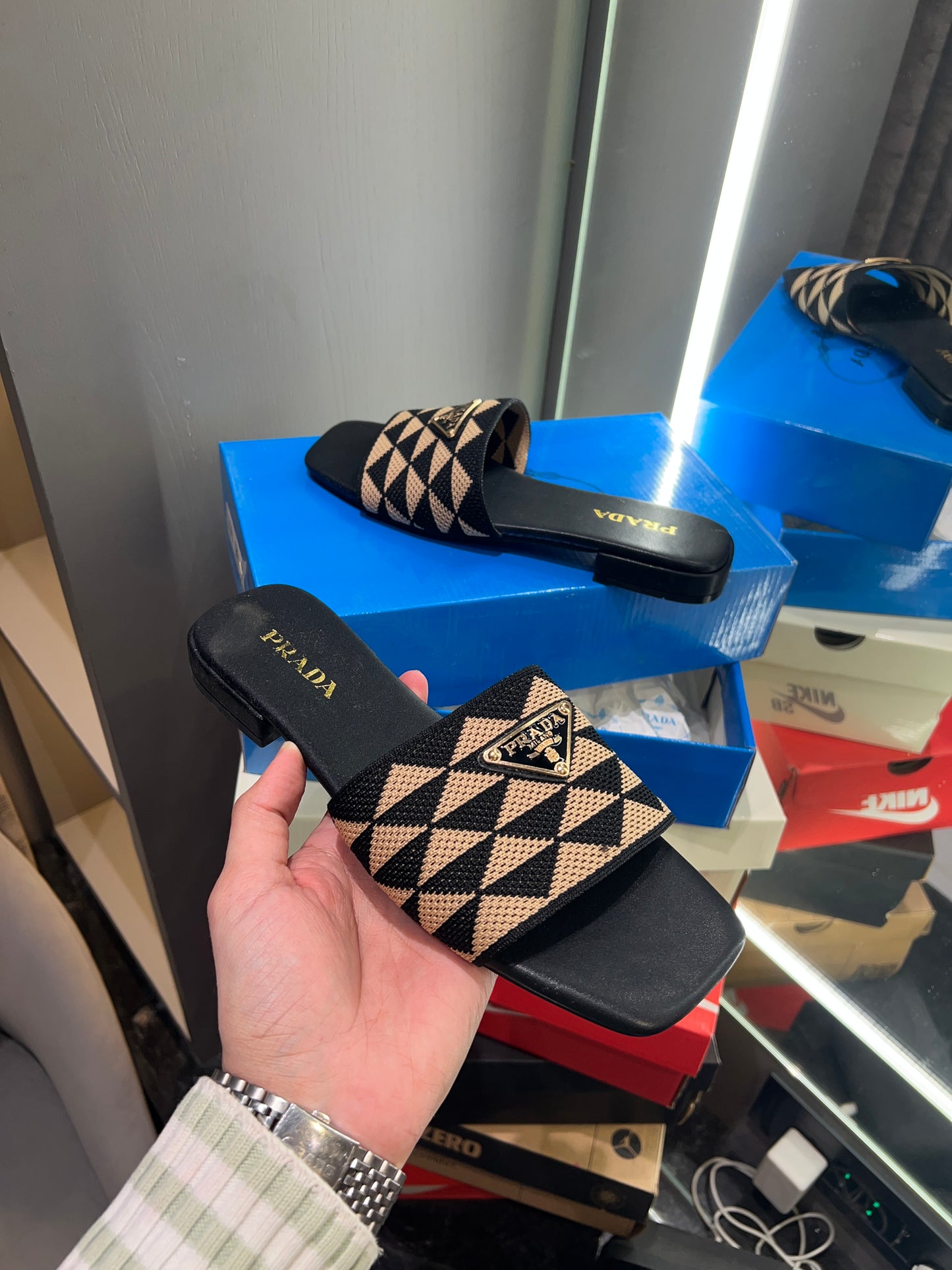 Prada Milano Black Geometric Logo With Og Dust Bag And Box Luxury Sandels