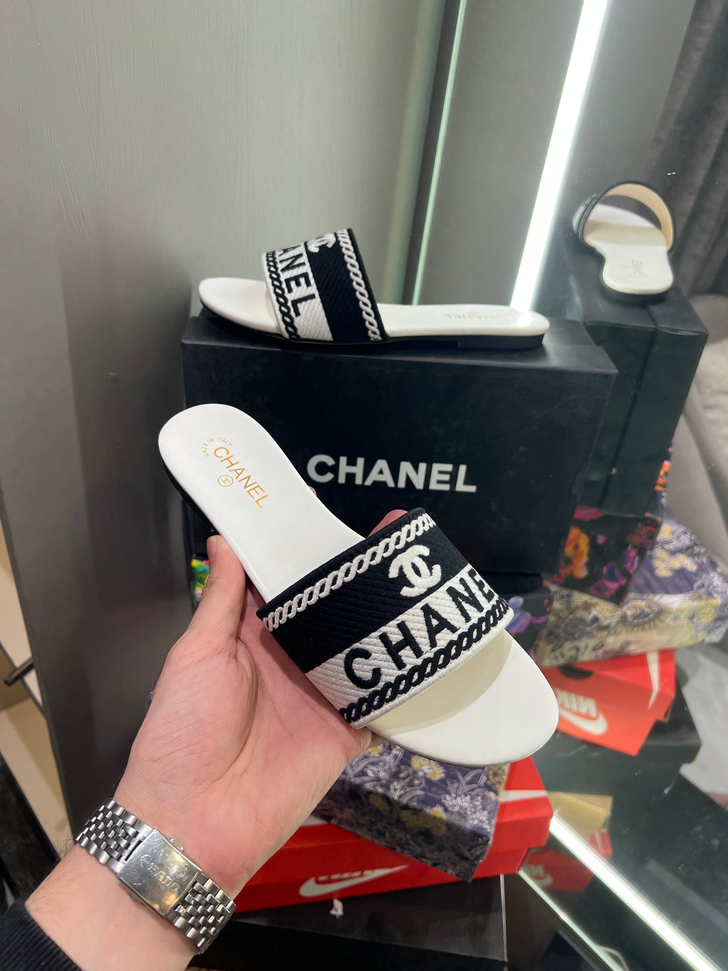 Chanel White Logo Design With Og Dust Bag And Box Luxury Sandels