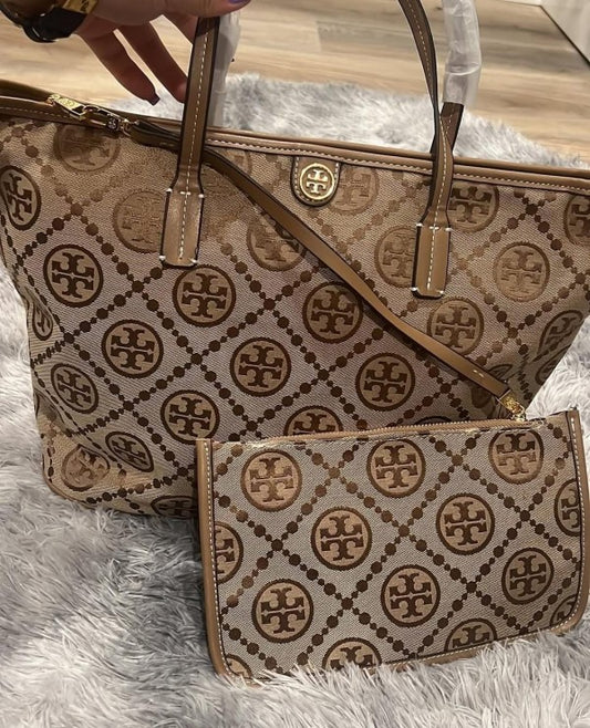 Tory Burch Brown Monogram Tote Luxury Bag With Og Box And Dust Bag & Extra Pouch