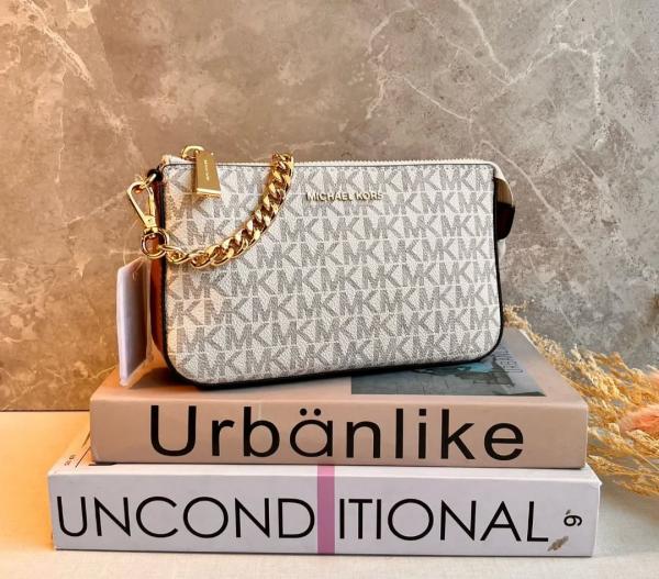 Michael Kors White MD Chain Pouchette Luxury Bag With Dust Bag