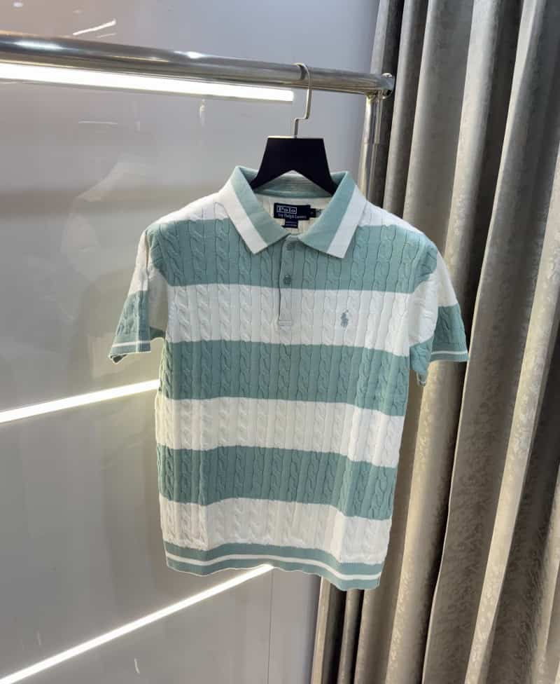 Ralph Lauren Aqua Green Stripes Premium Knitted Polo T-Shirt