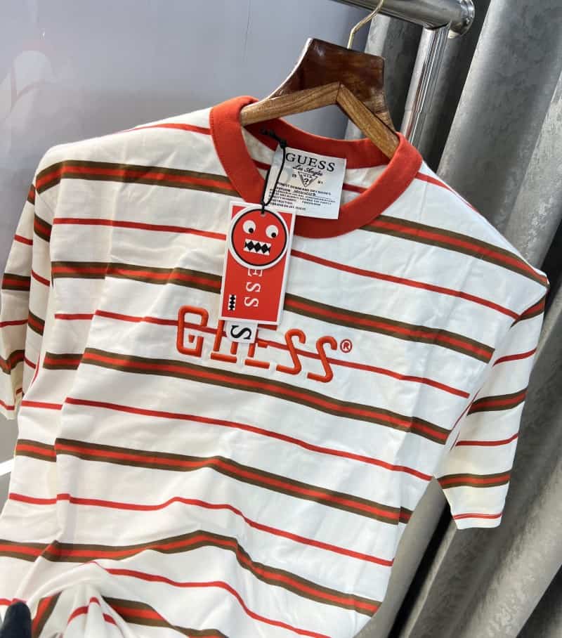 Gues s  White Red Stripes Imported Oversized T-Shirt