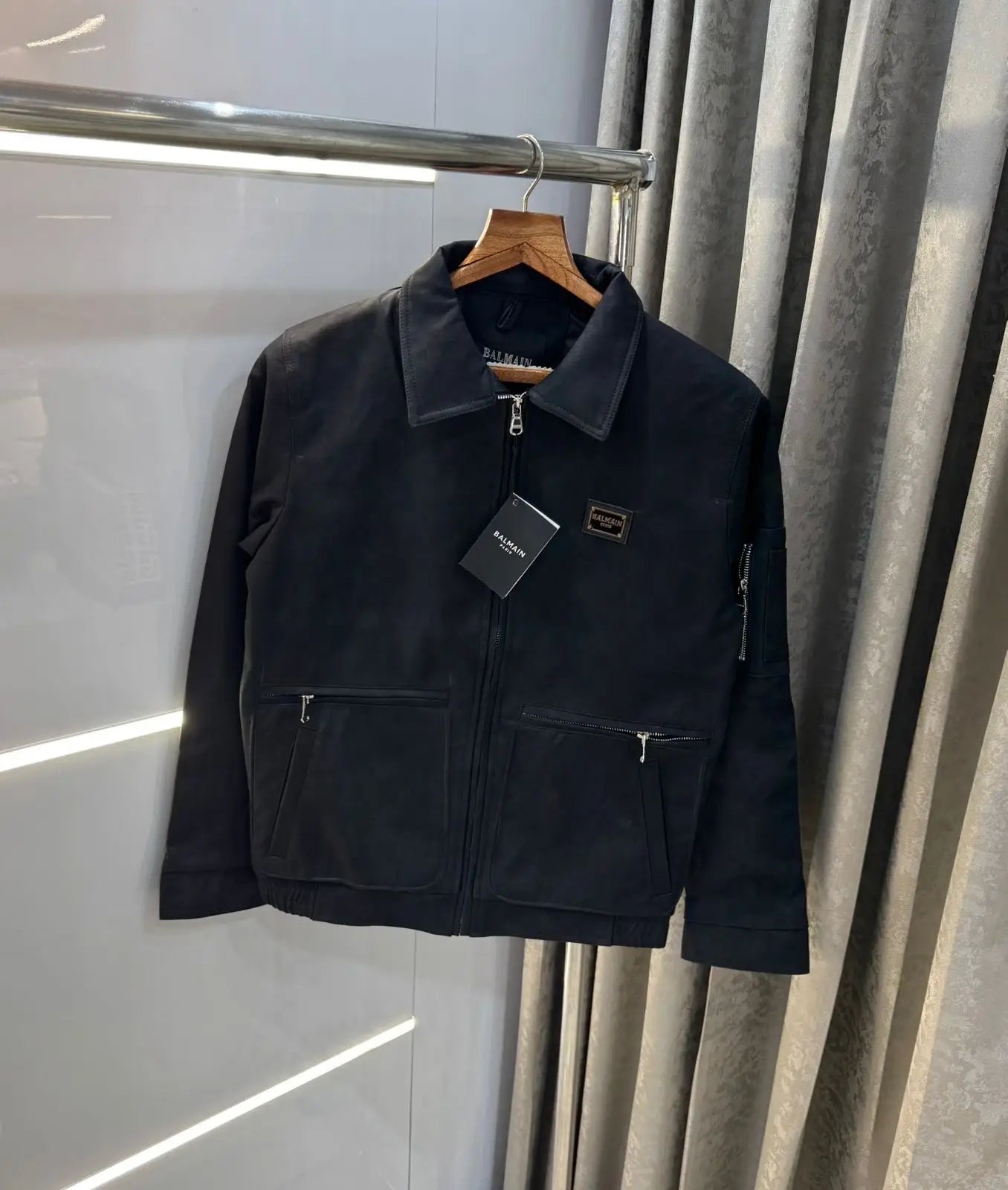 Balmai n Paris Black  Logo Imported Leather Jacket