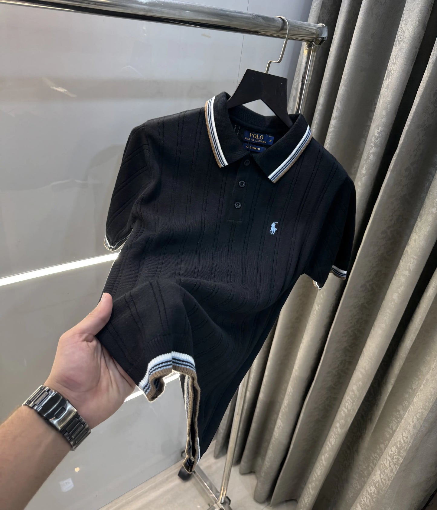 Ralph  Lauren Black Premium Knitted Polo T-Shirt