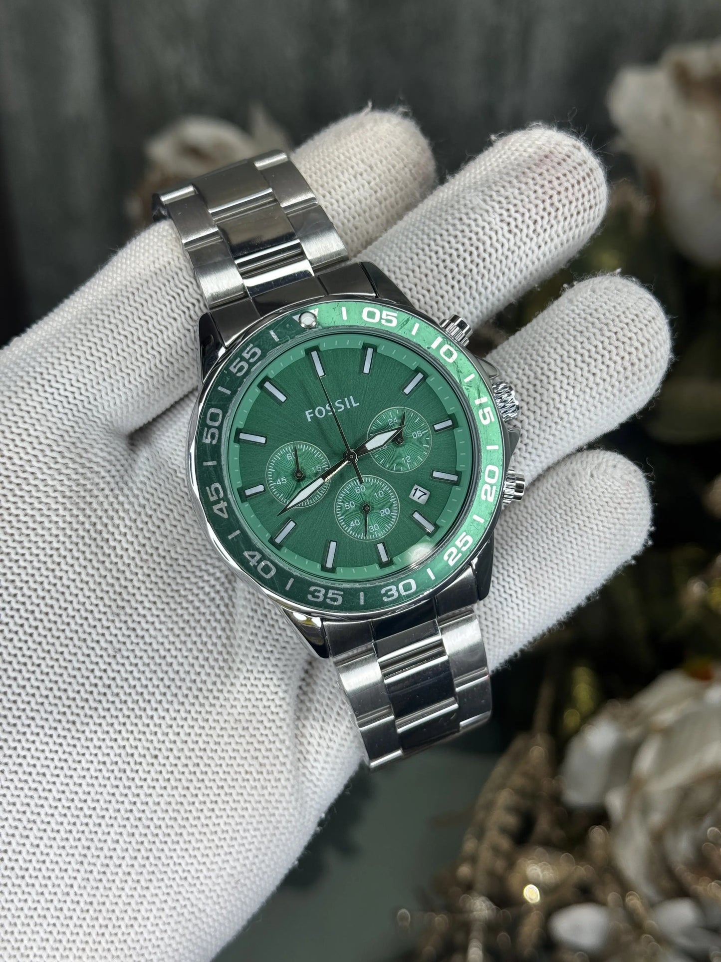 Fossil Bannon Silver Green Chronograph Watch