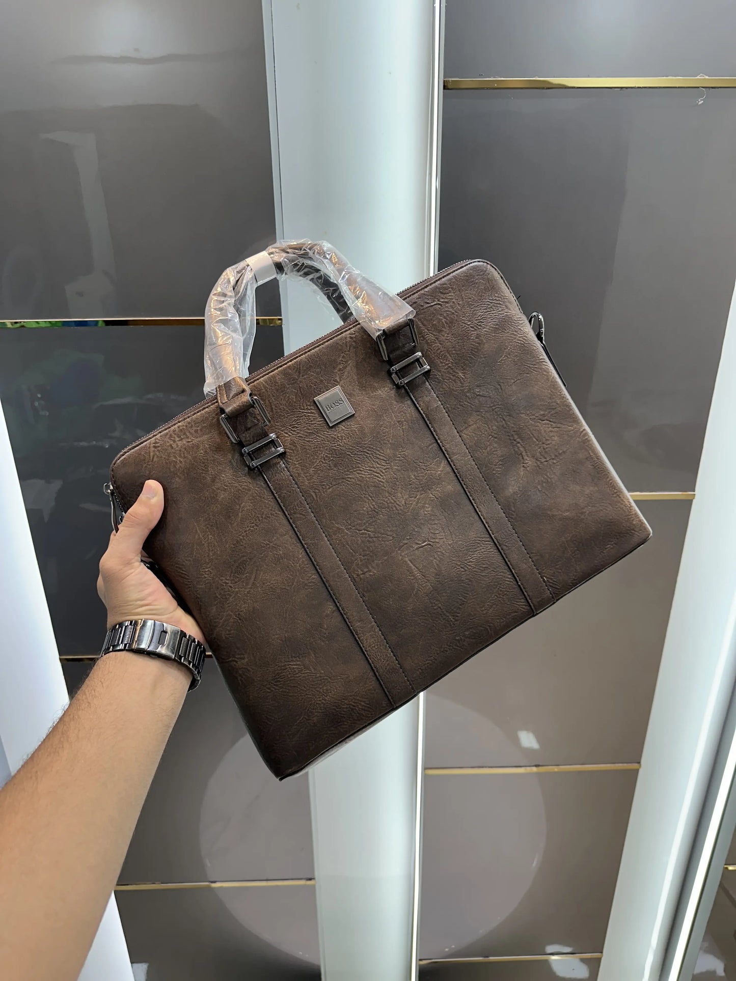 Hugo Bos s Brown Textured Luxury Premium Imported Laptop Bag