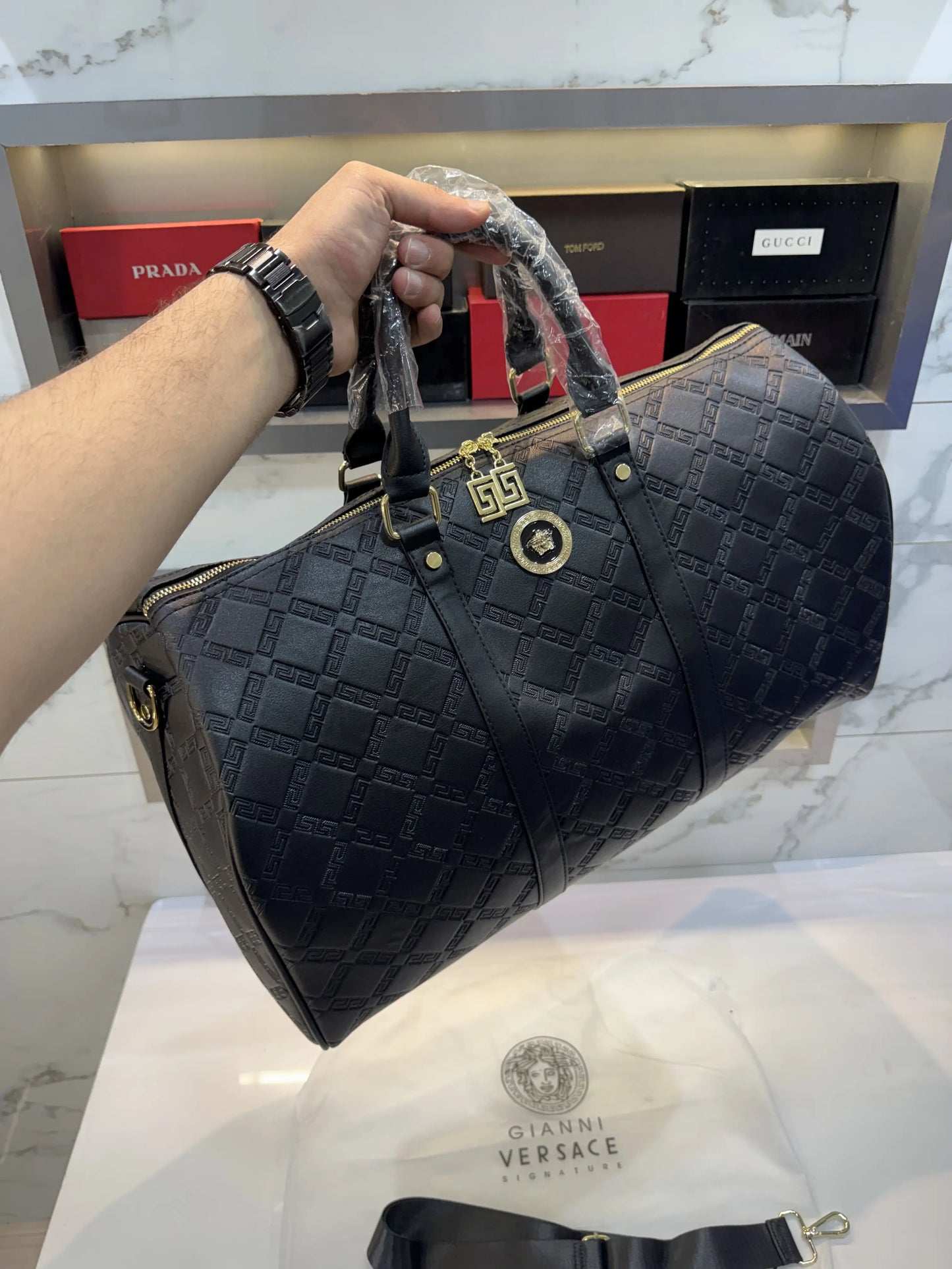 Versace Embossed Luxury Imported Duffel Bag  Black V7845