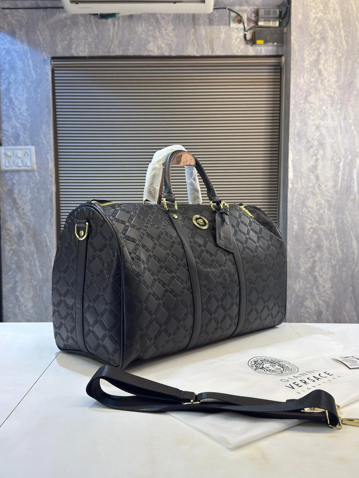 Versace Embossed Luxury Imported Duffel Bag  Black V7845