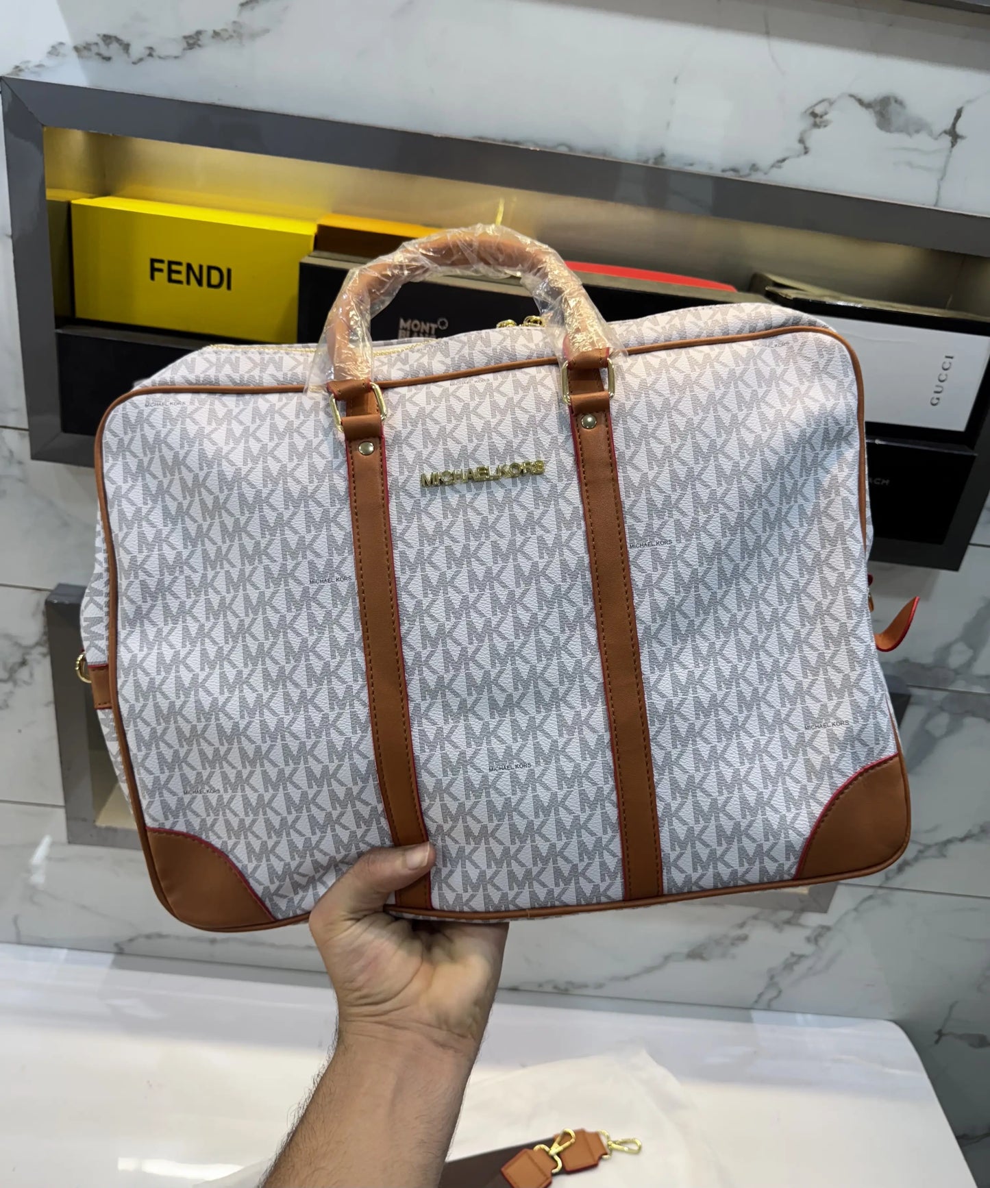 Michael Kor s Monogram Luxury Laptop+Travel Bag Beige Brown Mk418