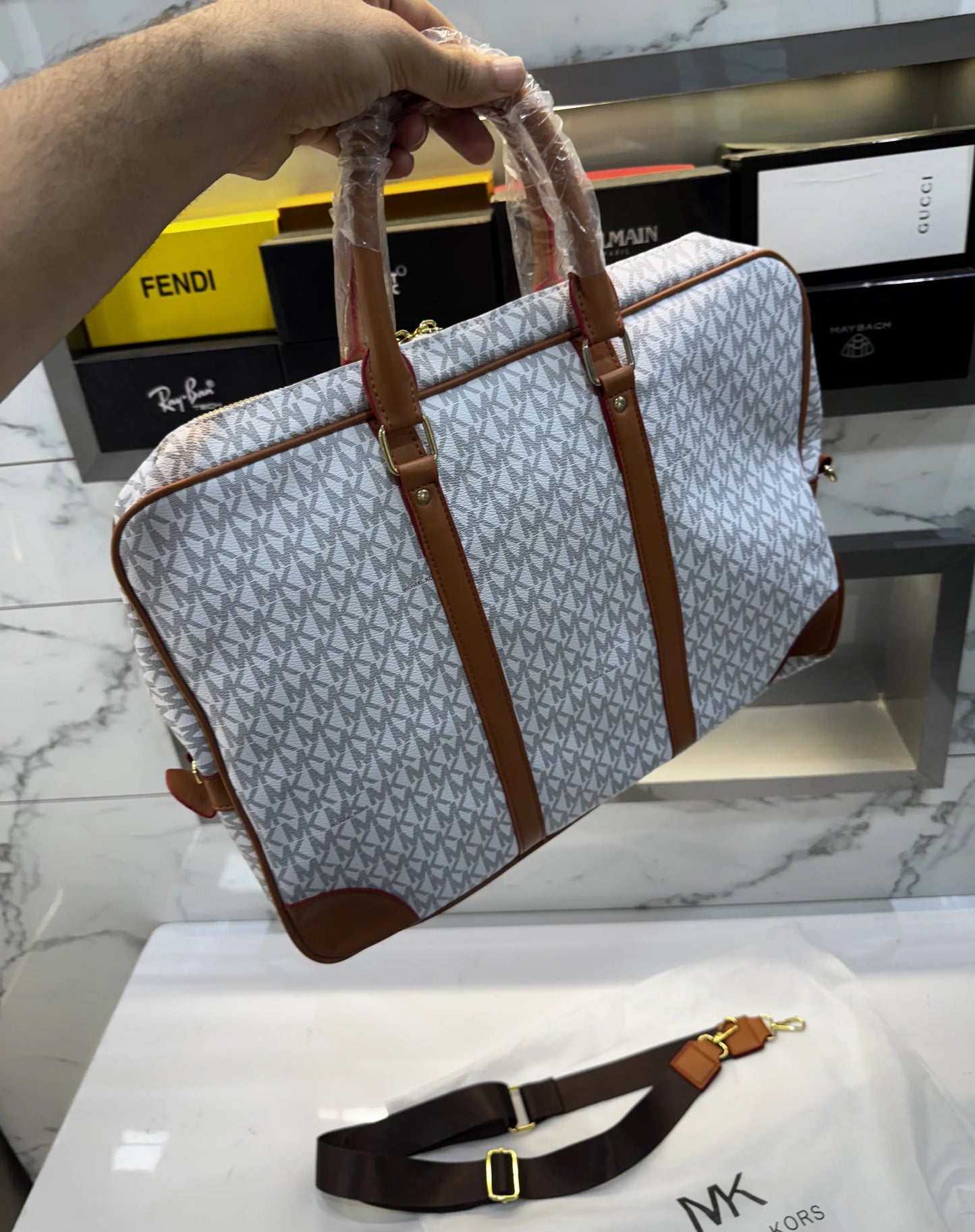 Michael Kor s Monogram Luxury Laptop+Travel Bag Beige Brown Mk418