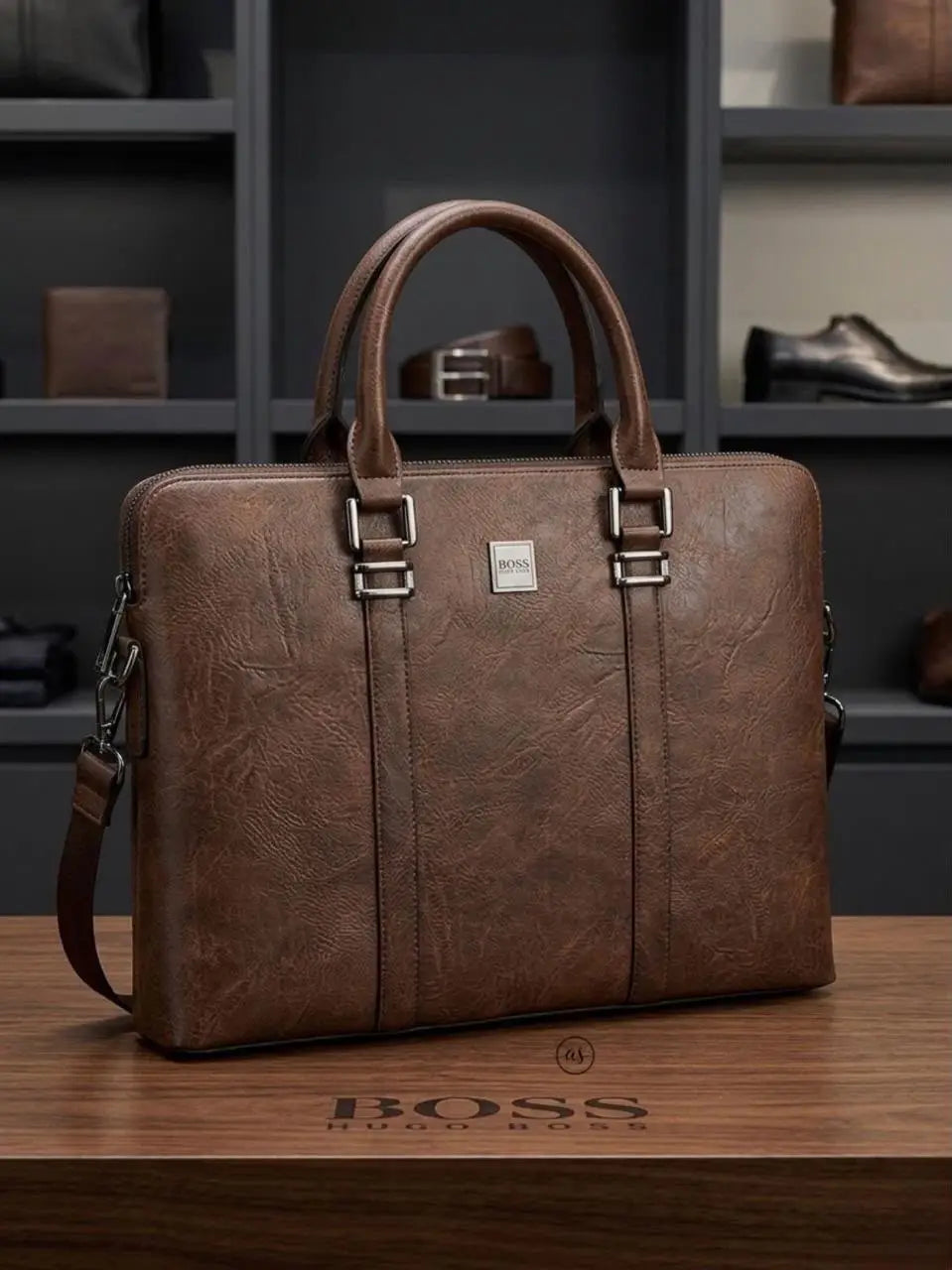 Hugo Bos s Brown Textured Luxury Premium Imported Laptop Bag