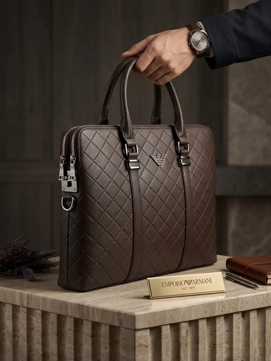 Giorgio Arman i Luxury Premium Imported Brown Laptop Bag With Side Zip Lock