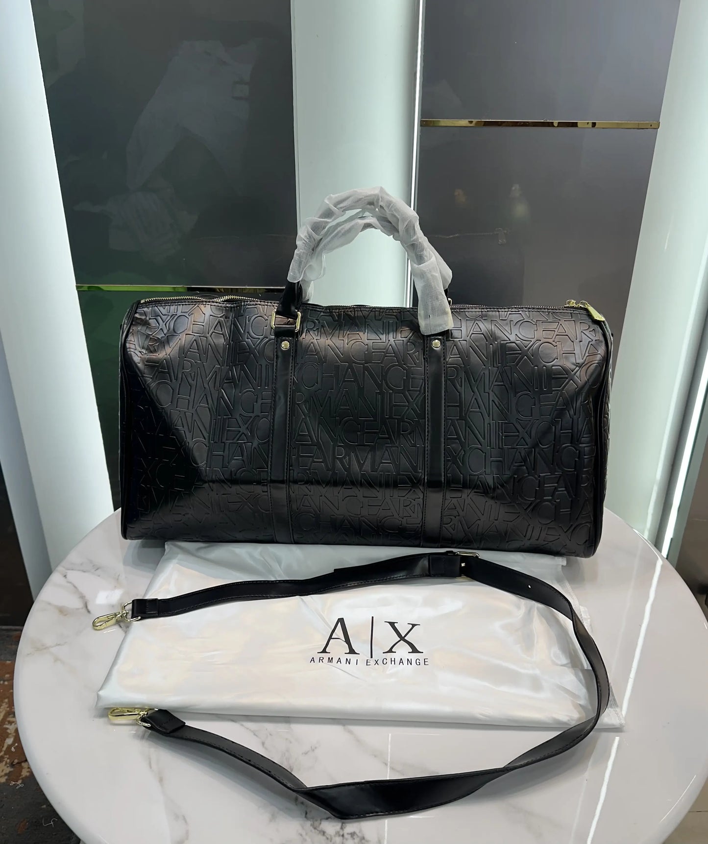 Armani Exchang e Black Monogram Luxury Imported Duffel Bag