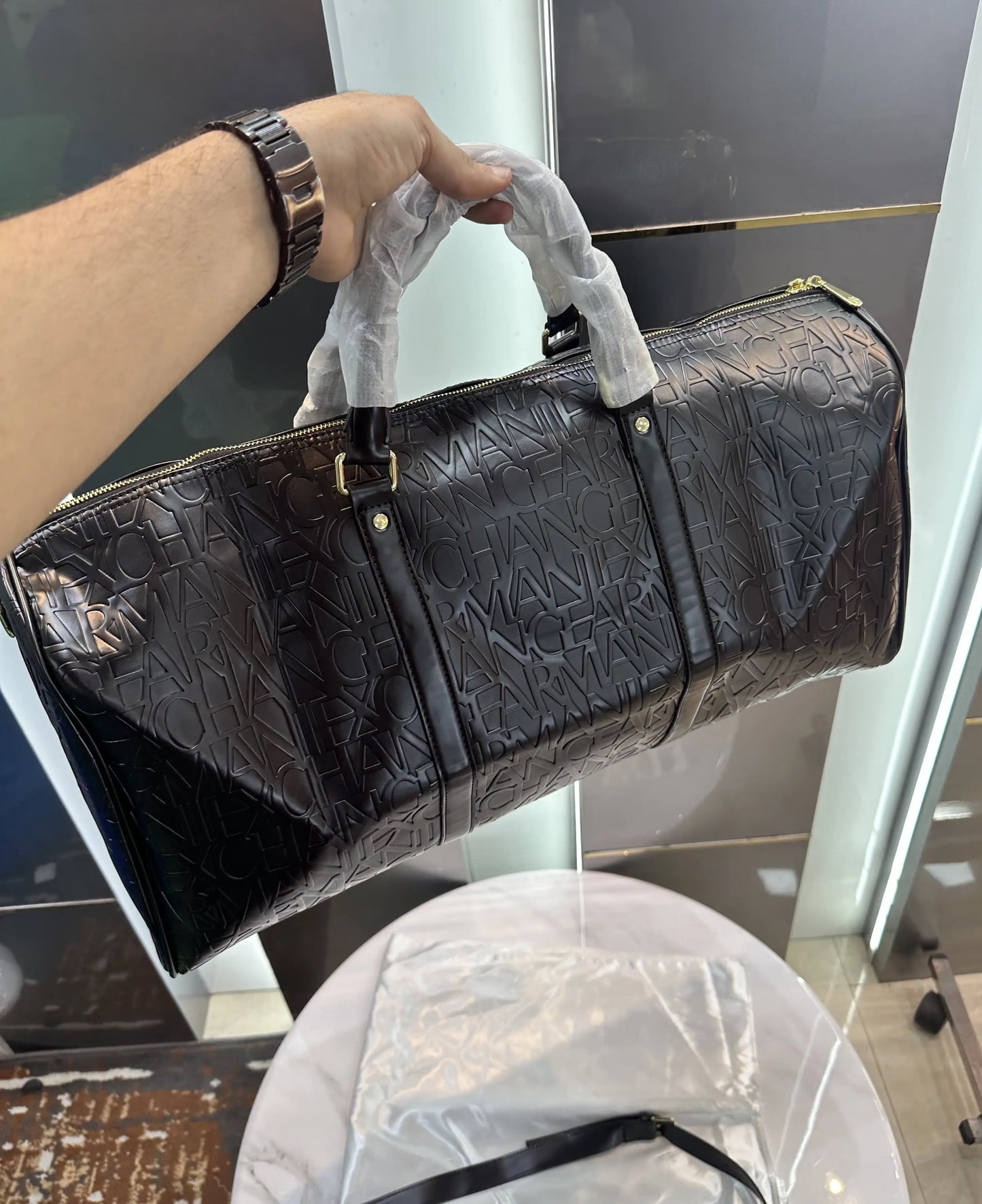 Armani Exchang e Black Monogram Luxury Imported Duffel Bag