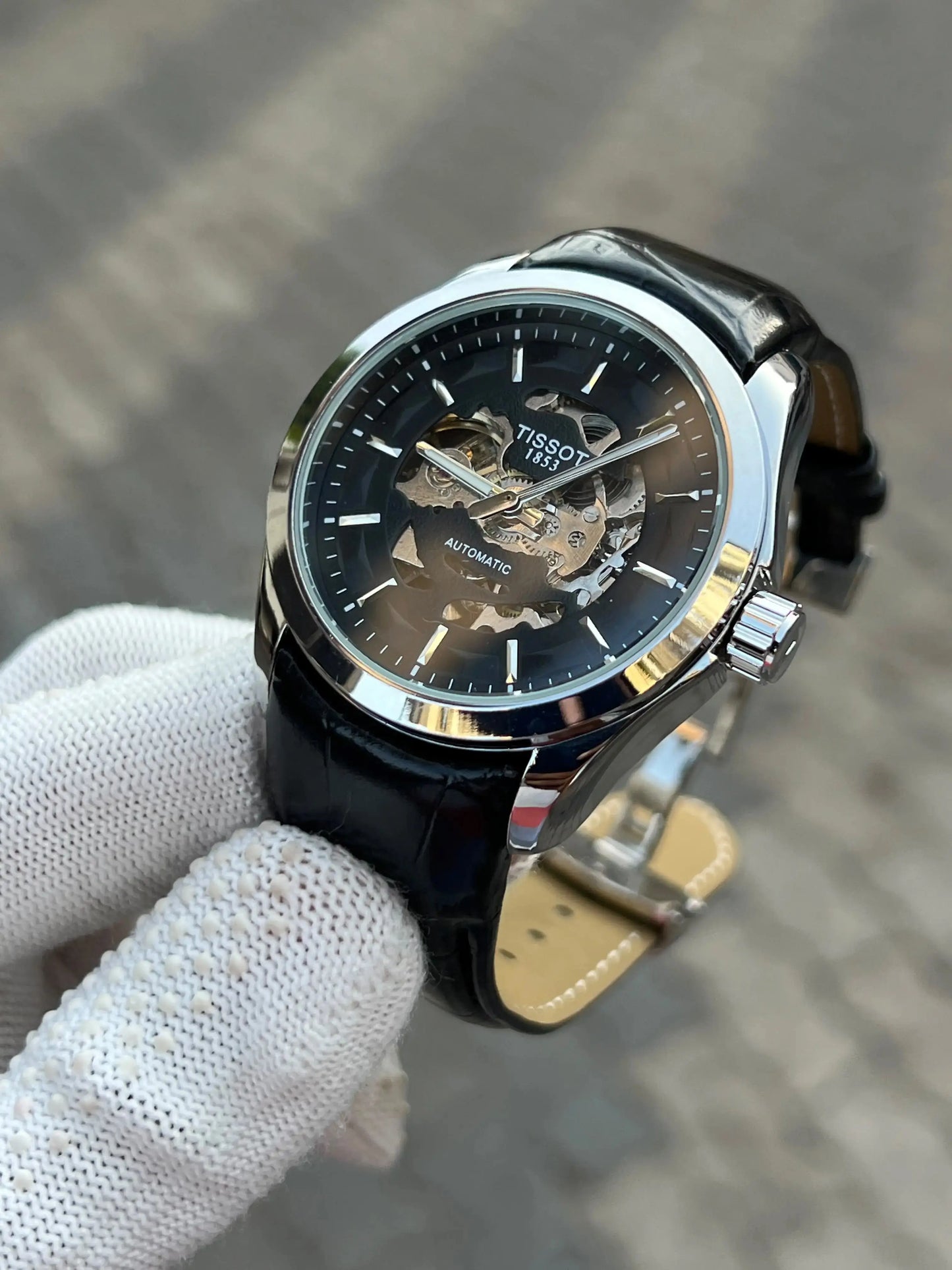 Tissot 1853 Leather Belt Black Silver Automatic
