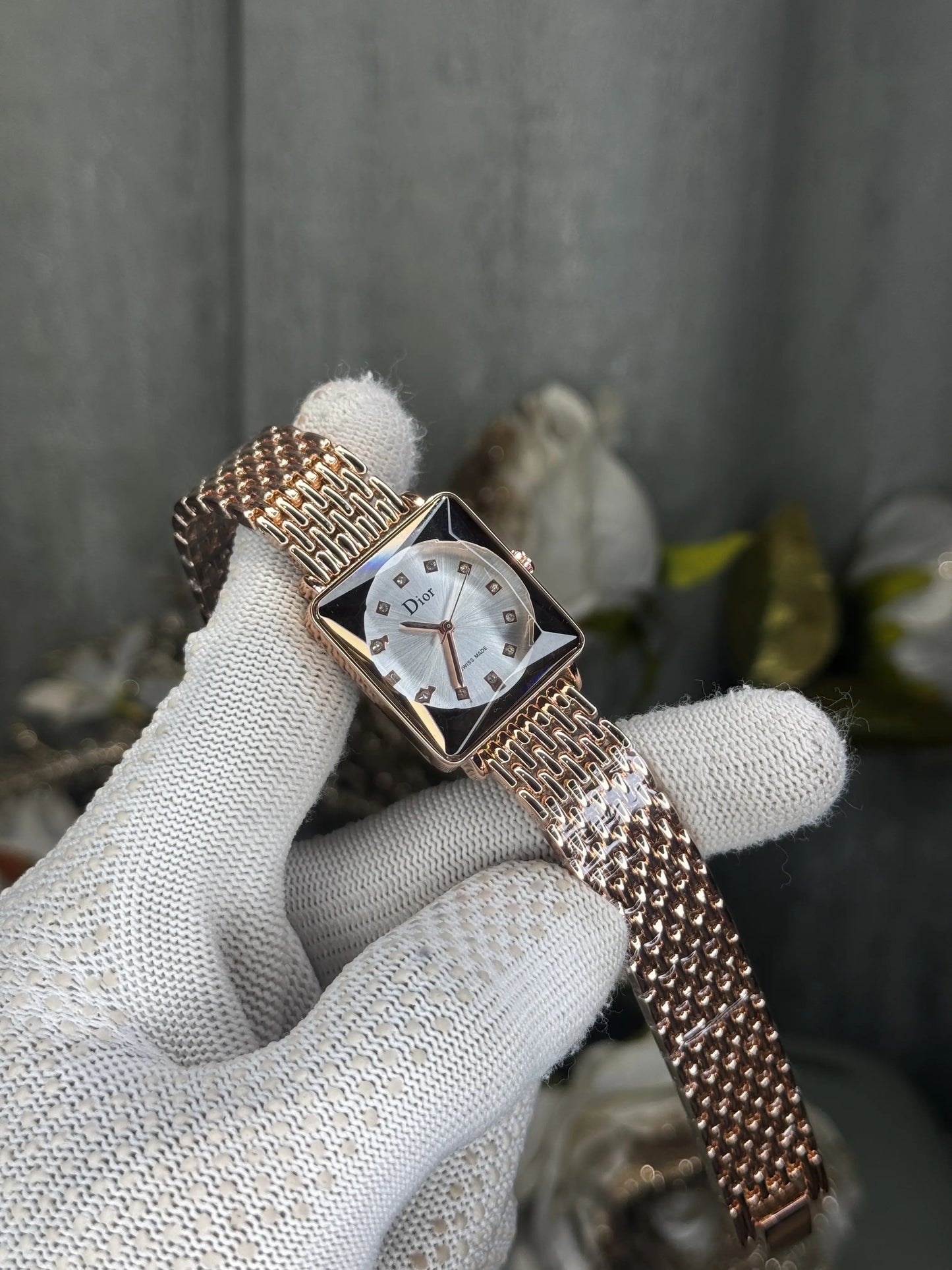 Dio r Rose Gold White Square Premium Ladies Watch