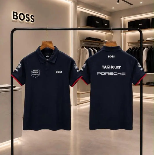 Hug o  Bos s X Porsche Navy Blue Logo Work Premium Polo T-shirt