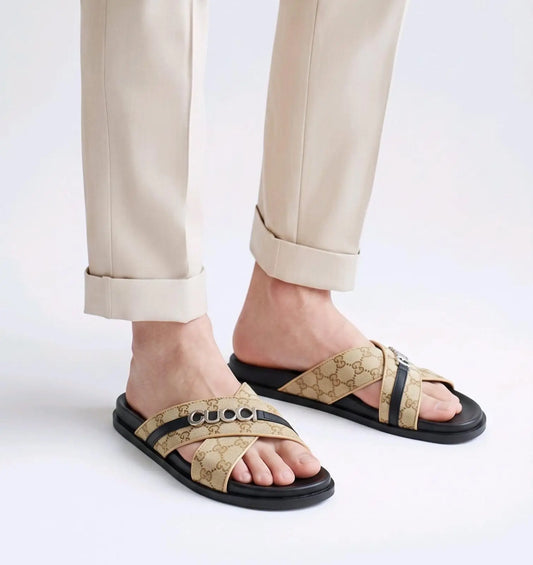 Gucci_Beige Cross Premium Slide With Metal Logo
