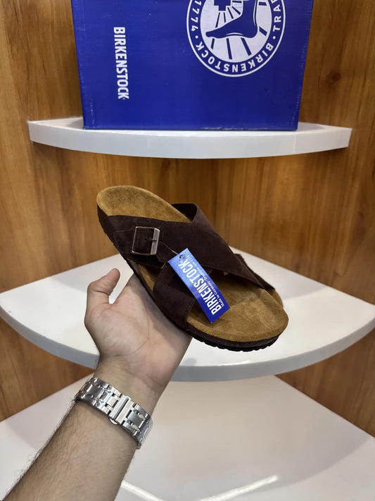 Birkenstock_Brown Cross Arizona Suede Leather Slide