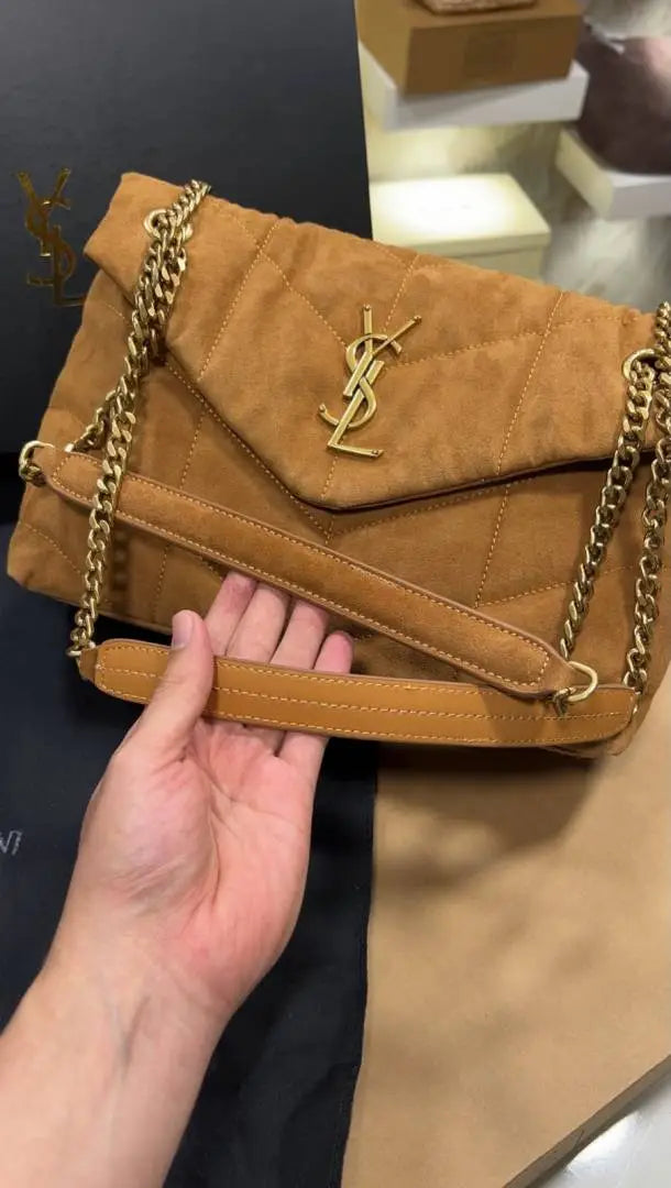 SAINT LAURENT Suede Calfskin Quilted Loulou Puffer Monogram Chain Satchel High End With 2 BOX HIGH Quality Dust Bag