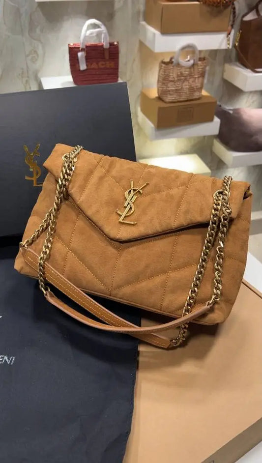SAINT LAURENT Suede Calfskin Quilted Loulou Puffer Monogram Chain Satchel High End With 2 BOX HIGH Quality Dust Bag