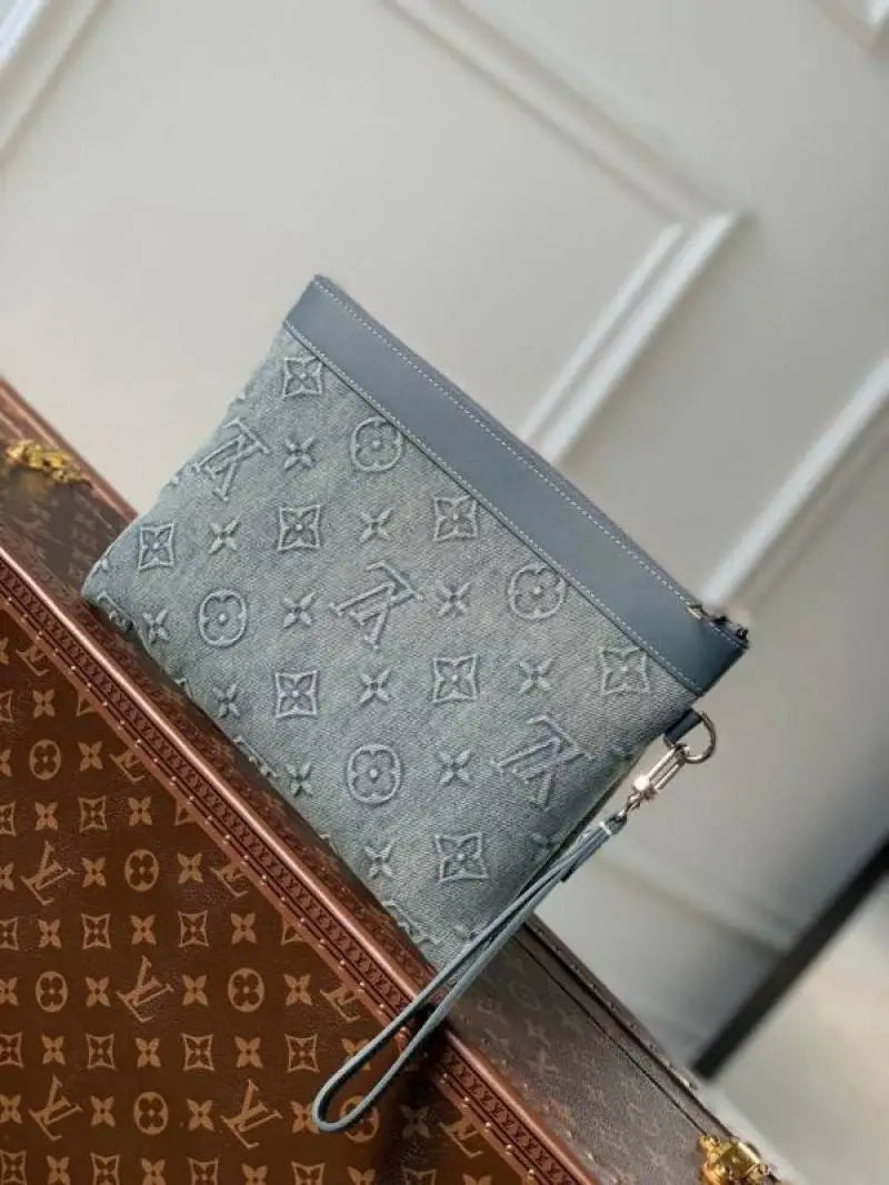 Lv Pochette To Go Monogram Washed Denim Canvas Clutch Bags Blue With OG Box & Dust Bag Tags Card Bill