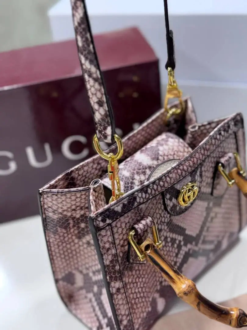 Guccci Diana python small tote bag With Original Box Extra Belt And Chain Charm High End Pink soft python leather