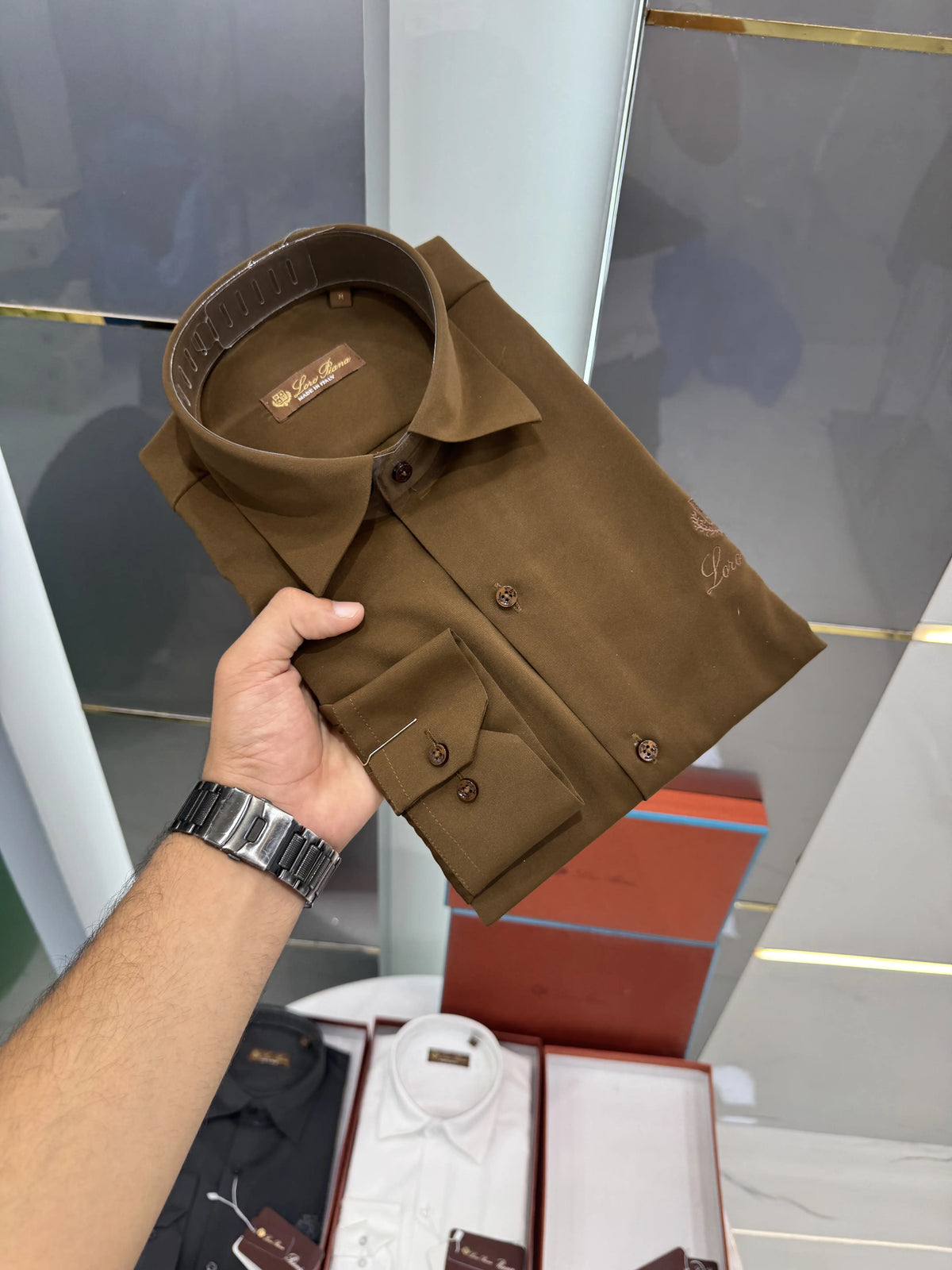 Loro Piana Brown Embroidery Logo Premium Shirt With Original Box
