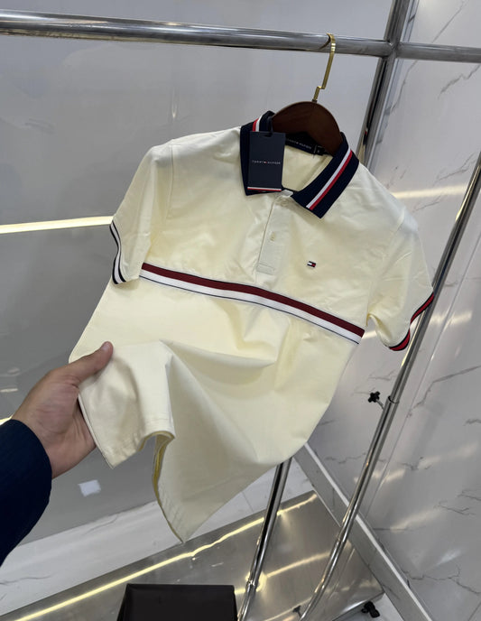 Tomm y Hilfiger Cream Embroidery Work Premium Polo T-shirt With Box