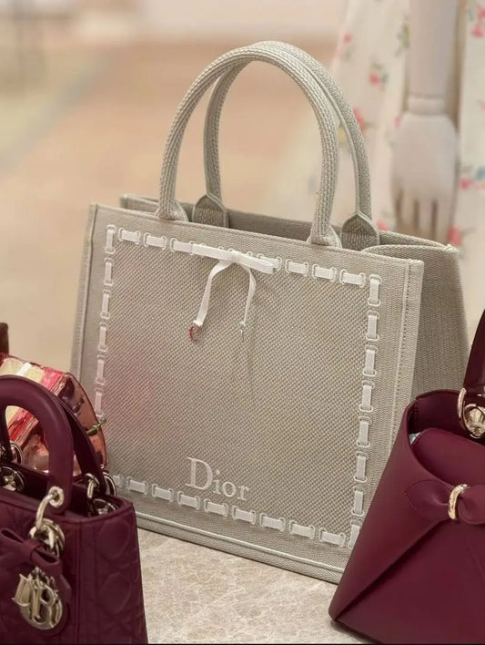 DIOOR Book Tote with Strap beige embroidery and white woven grosgrain With Orignal BoxExtra StrapRiboon