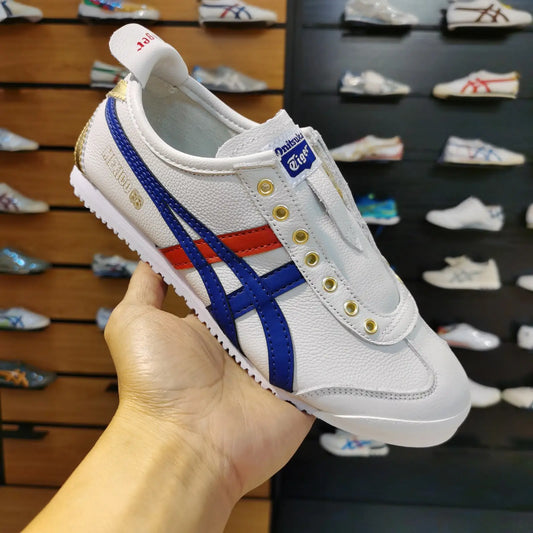 Onitsuka Tiger Mexico 66 Slip-On Leather sneaker White Blue Red tricolor with Metallic gold  D-2150