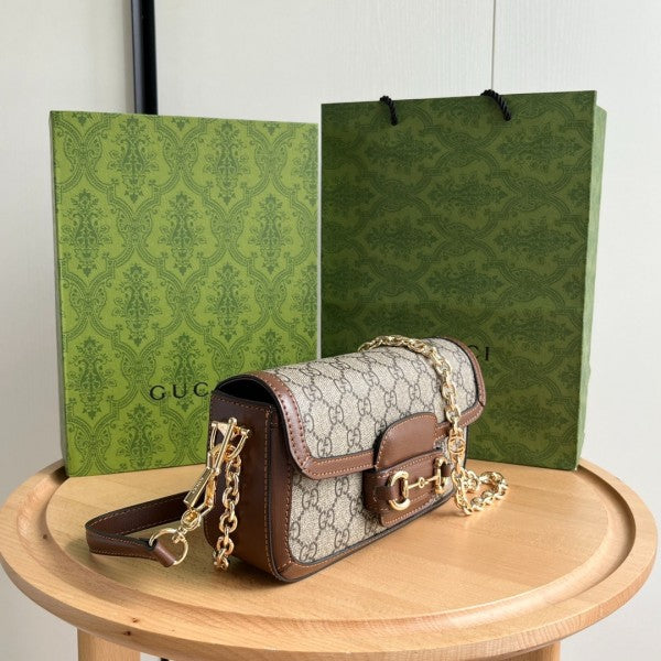 Gucci GG Brown Horsebit Monogram Crossbody Shoulder Bag With Og Box And Dust Bag