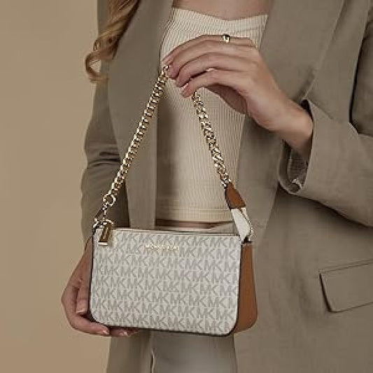 Michael Kors White MD Chain Pouchette Luxury Bag With Dust Bag