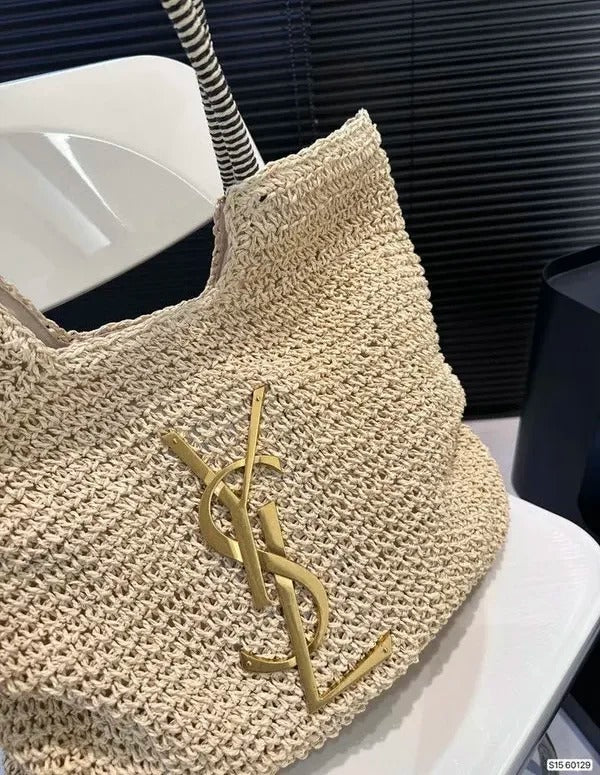 YSL Creame ICare Raffia Jute Tote Bag With Og Box And Dust Bag