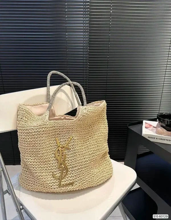 YSL Creame ICare Raffia Jute Tote Bag With Og Box And Dust Bag