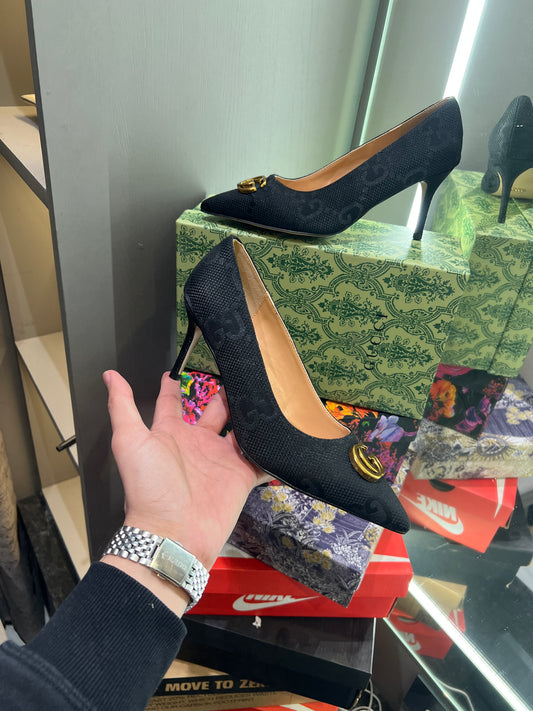 Gucci All Black Logo Design Heels With Og Dust Bag And Box Luxury Heels
