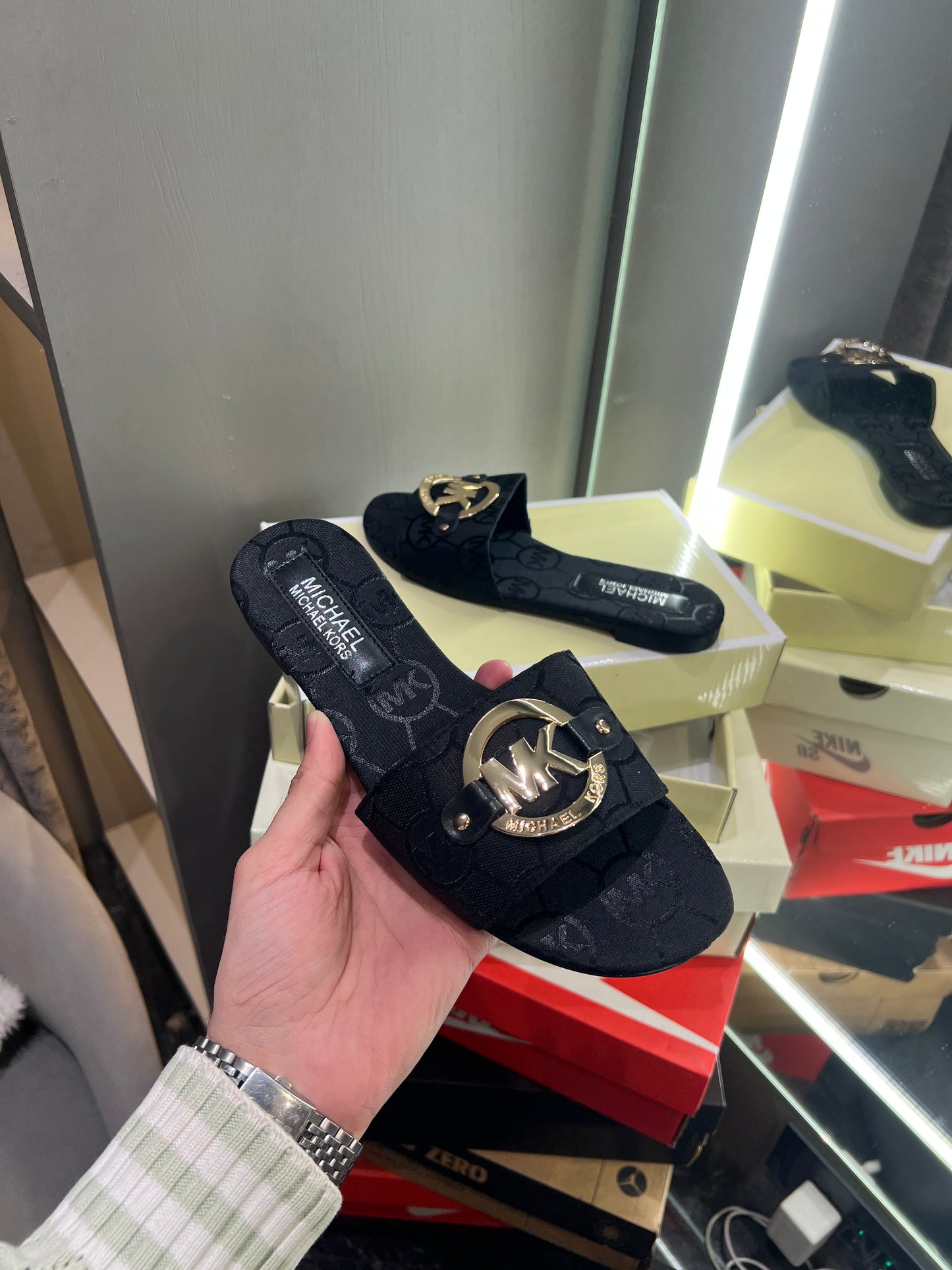 Michael Kors Black Logo Design With Og Dust Bag And Box Luxury Sandels