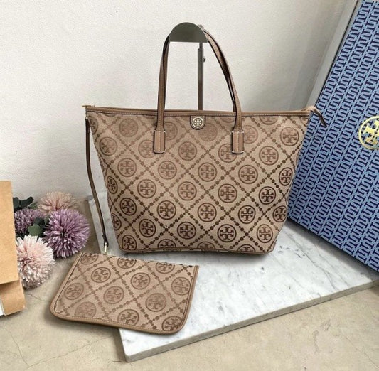 Tory Burch Brown Monogram Tote Luxury Bag With Og Box And Dust Bag & Extra Pouch