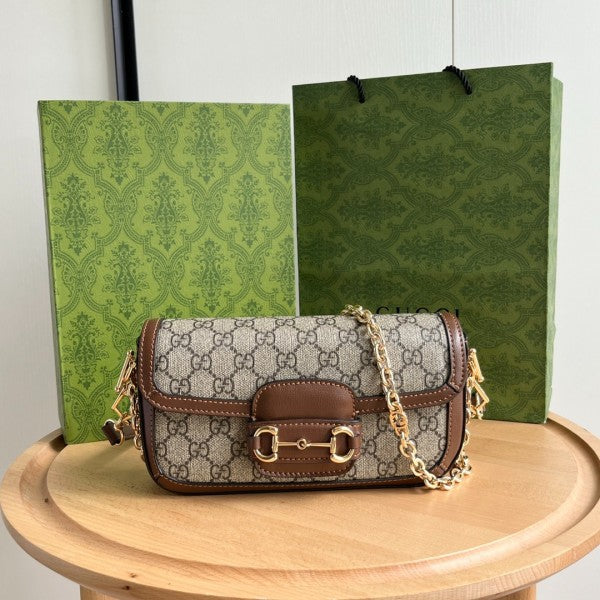 Gucci GG Brown Horsebit Monogram Crossbody Shoulder Bag With Og Box And Dust Bag