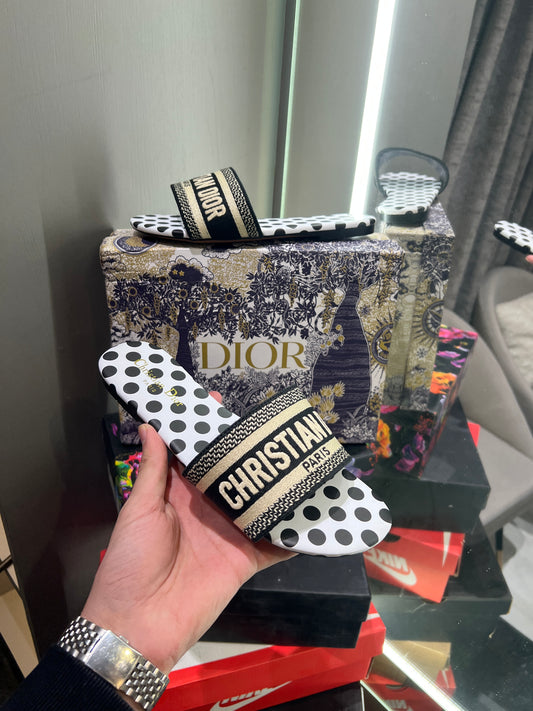 Cristian Dior Black White Logo Design With Og Dust Bag And Box Luxury Sandels